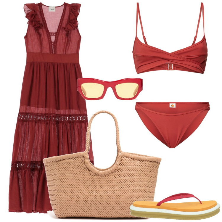 Outfit donna - Al mare. Stile Boho per Mare. Abbinamento con infradito, vestiti lunghi, shopping bag, bikini, bikini, occhiali da sole.