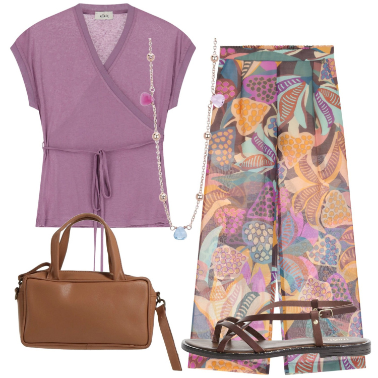 Outfit donna - Giugno al lavoro. Stile Casual per Ufficio. Abbinamento con borse a mano, collane, pantaloni a palazzo, top, sandali.