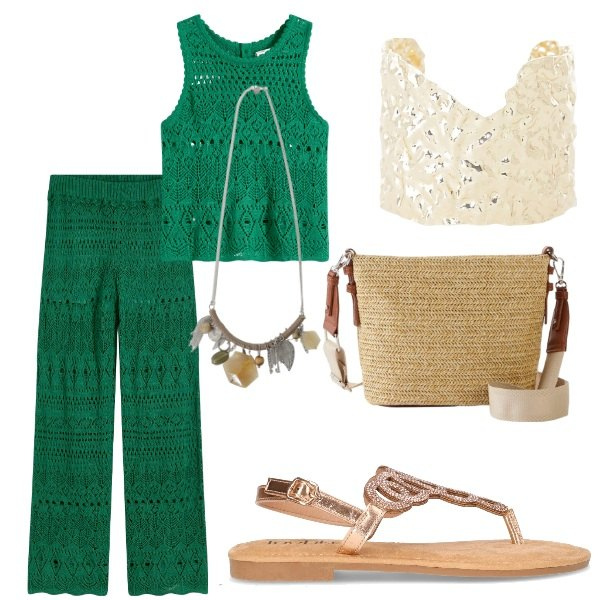 Outfit donna - Serata tra amici. Stile Casual chic per Serata fuori. Abbinamento con pantaloni, borse a tracolla, top, braccialetti, collane, sandali in pelle.