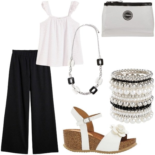 Outfit donna - Serata tra amici. Stile Casual chic per Serata fuori. Abbinamento con pantaloni, sandali, braccialetti, top, valigie, collane.