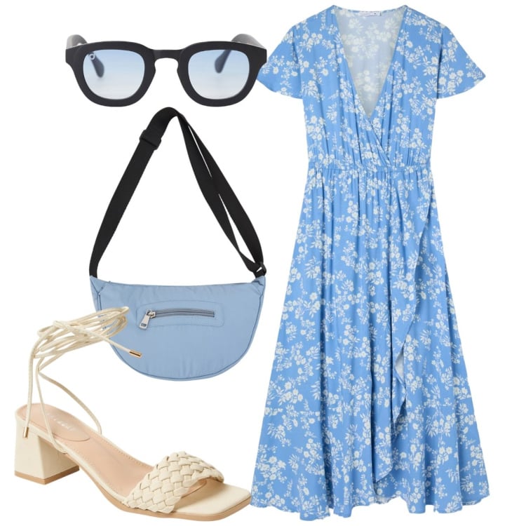 Outfit donna - Pomeriggio. Stile Romantica per Tutti i giorni. Abbinamento con vestiti lunghi, sandali alla schiava, borse a tracolla, occhiali da sole.