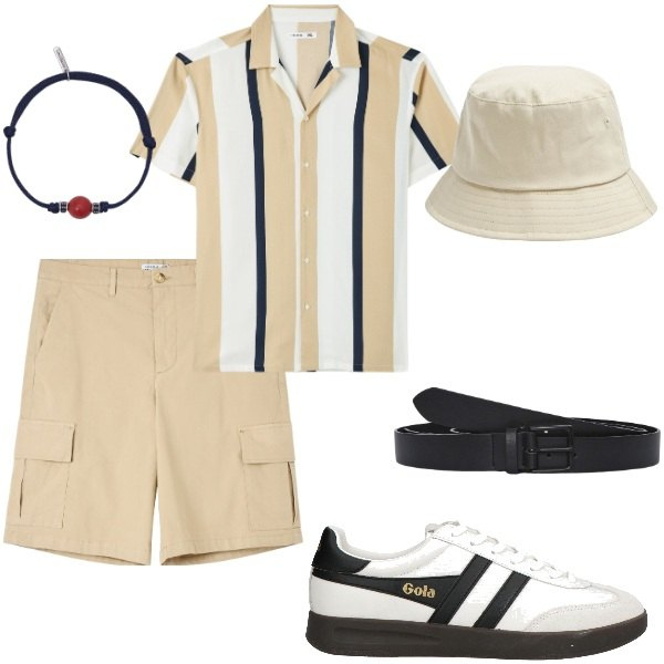 Outfit uomo - A spasso per la città. Stile Casual per Tutti i giorni. Abbinamento con sneakers, cappelli, camicie a manica corta, bermuda, cinture, braccialetti.