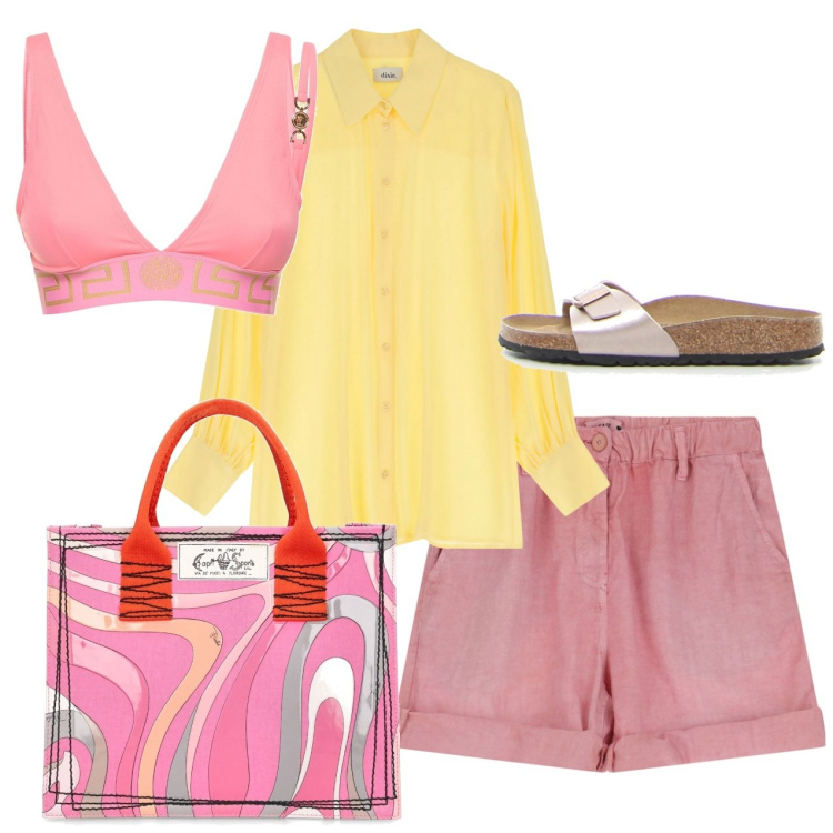 Outfit donna - Mare rosa. Stile Bon Ton per Mare. Abbinamento con shorts, camicie, ciabatte, bikini, shopping bag.