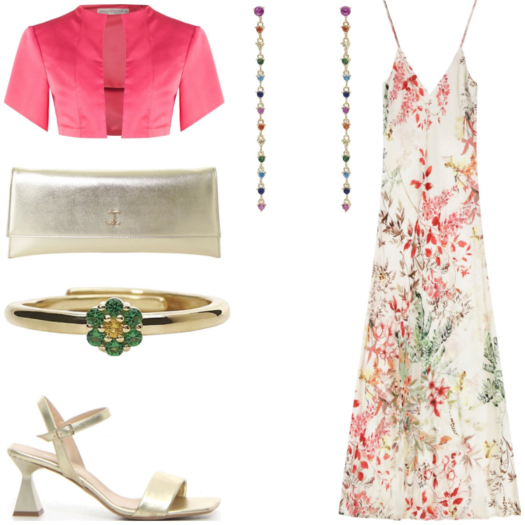 Outfit donna - Total look #2191465. Stile Romantica per Cerimonia. Abbinamento con vestiti lunghi, pochette, anelli, orecchini, bolero, sandali col tacco.