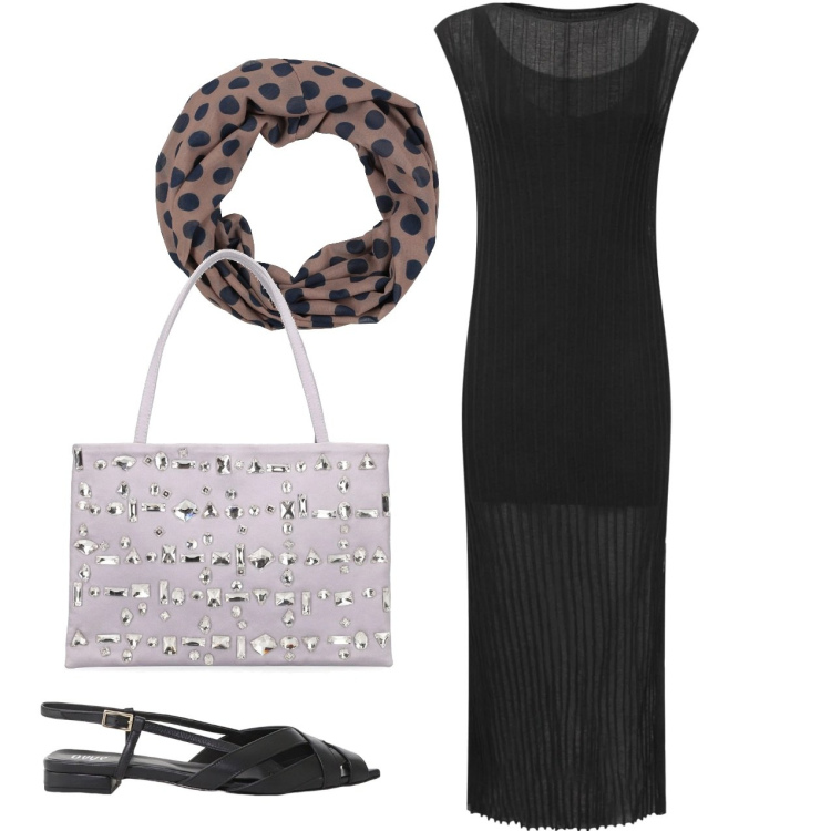 Outfit donna - Serata. Stile Chic per Serata fuori. Abbinamento con sciarpe, sandali, vestiti lunghi, borse a spalla.