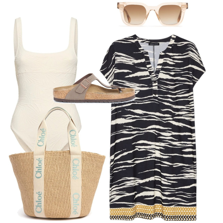 Outfit donna - Elegante in spiaggia. Stile Chic per Mare. Abbinamento con vestiti da spiaggia, occhiali da sole, costumi interi, ciabatte, shopping bag.