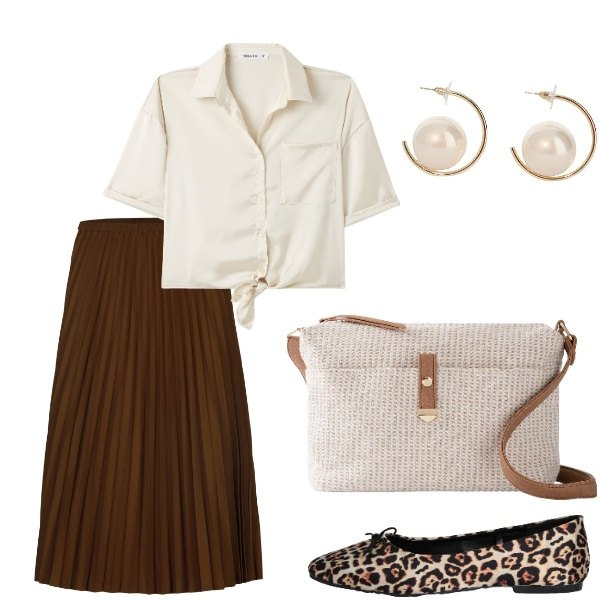 Outfit donna - Serata tra amici. Stile Casual chic per Serata fuori. Abbinamento con borse a tracolla, camicie a manica corta, ballerine, orecchini, gonne longuette.