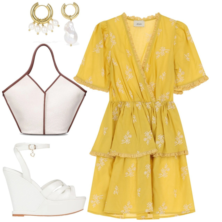 Outfit donna - Giallo estate. Stile Romantica per Tutti i giorni. Abbinamento con sandali in pelle, vestiti corti, shopping bag, orecchini.