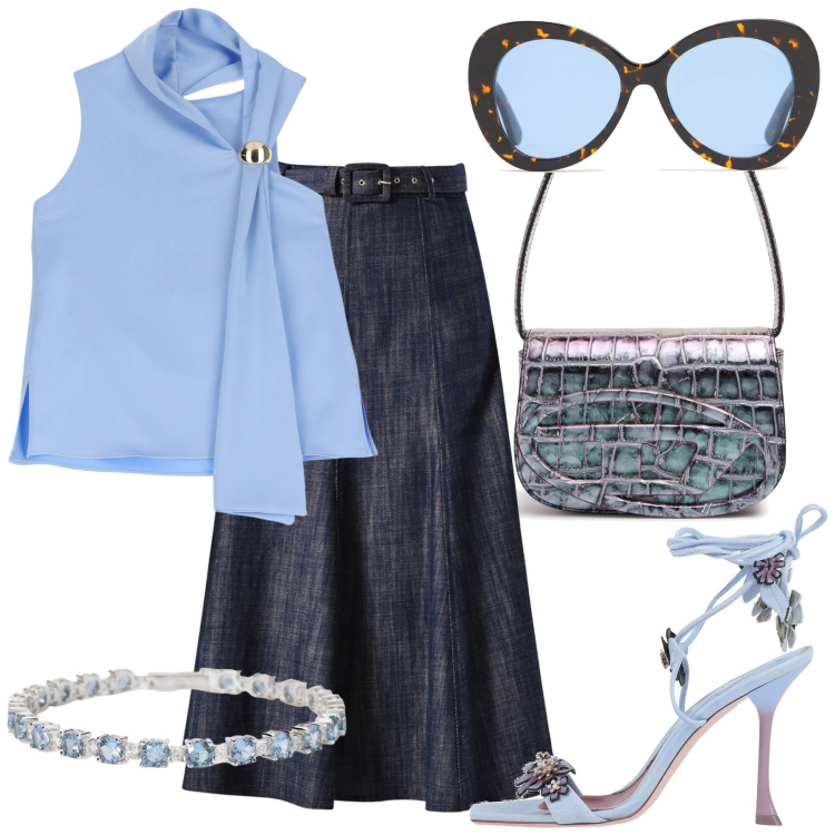 Outfit donna - Sandalo gioiello. Stile Glamour per Tutti i giorni. Abbinamento con sandali in pelle, top, braccialetti, gonne longuette, occhiali da sole, borse a spalla.
