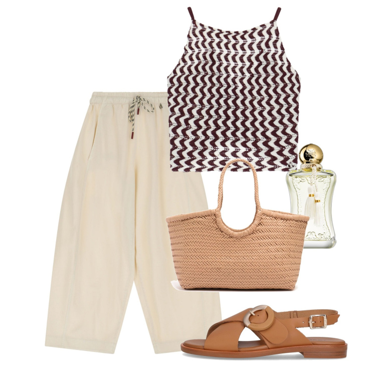 Outfit donna - Giugno. Stile Casual per Tutti i giorni. Abbinamento con profumi, top, pantaloni, shopping bag, sandali.