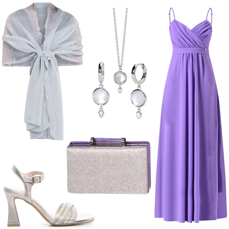 Outfit donna - Total look #2191480. Stile Romantica per Cerimonia. Abbinamento con orecchini, collane, stole, vestiti lunghi, pochette, sandali col tacco.