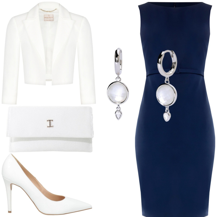 Outfit donna - Il tubino elegante. Stile Bon Ton per Cerimonia. Abbinamento con décolleté, orecchini, bolero, vestiti a tubino, borse a tracolla.