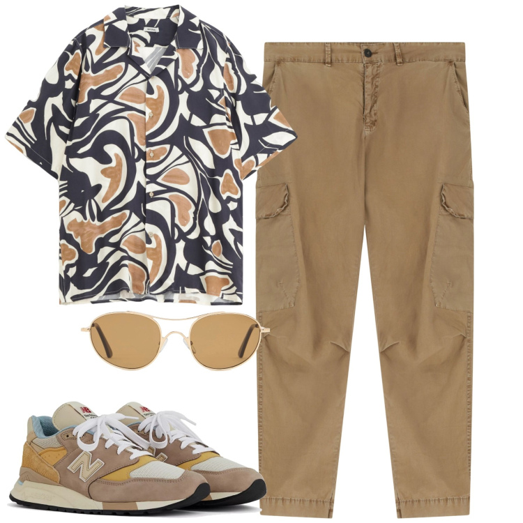 Outfit uomo - City. Stile Casual per Tutti i giorni. Abbinamento con sneakers, pantaloni cargo, camicie a manica corta, occhiali da sole.