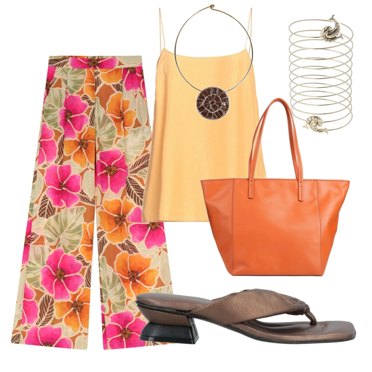 Outfit donna - I colori dell\'estate. Stile Casual per Tutti i giorni. Abbinamento con top, infradito, collane, borse a spalla, pantaloni, braccialetti.