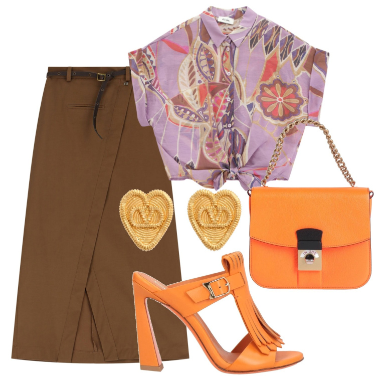 Outfit donna - La camicia pratica e versatile. Stile Casual chic per Serata fuori. Abbinamento con sandali in pelle, borse a mano, camicie a manica corta, gonne lunghe, orecchini.