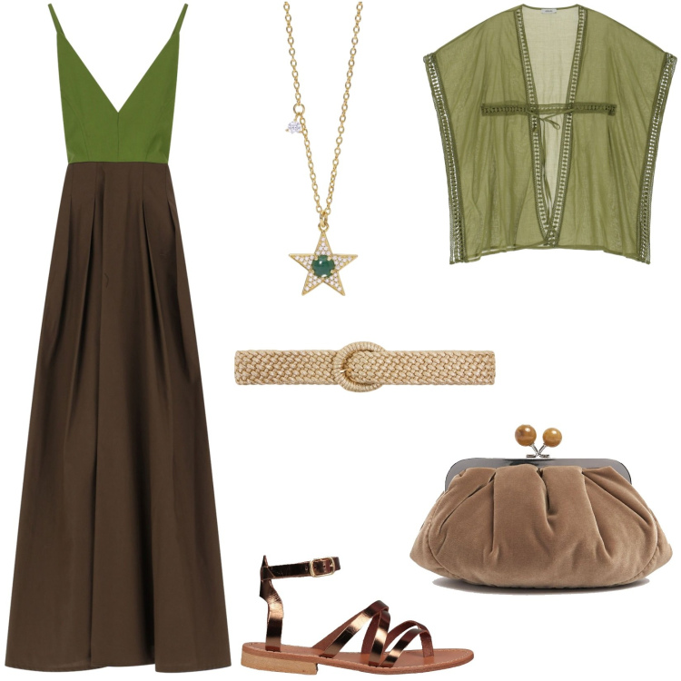 Outfit donna - Cena romantica in riva al mare. Stile Minimal per Serata fuori. Abbinamento con infradito, cinture, collane, vestiti lunghi, gilet, pochette.