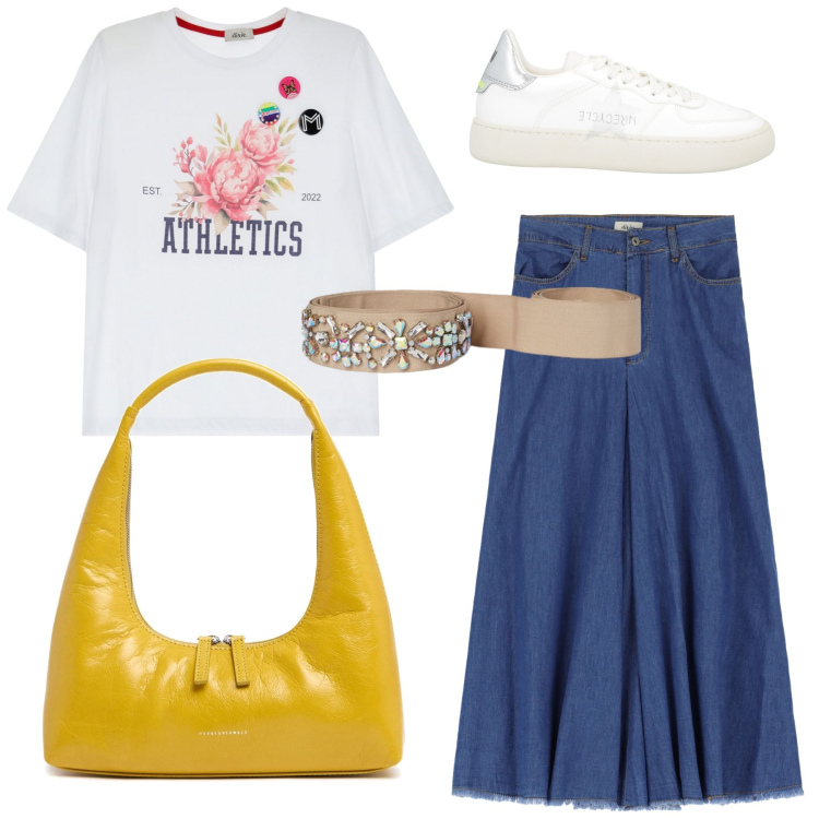 Outfit donna - Gita con amici. Stile Casual per Tutti i giorni. Abbinamento con sneakers, t-shirt, gonne lunghe, cinture, borse a spalla.