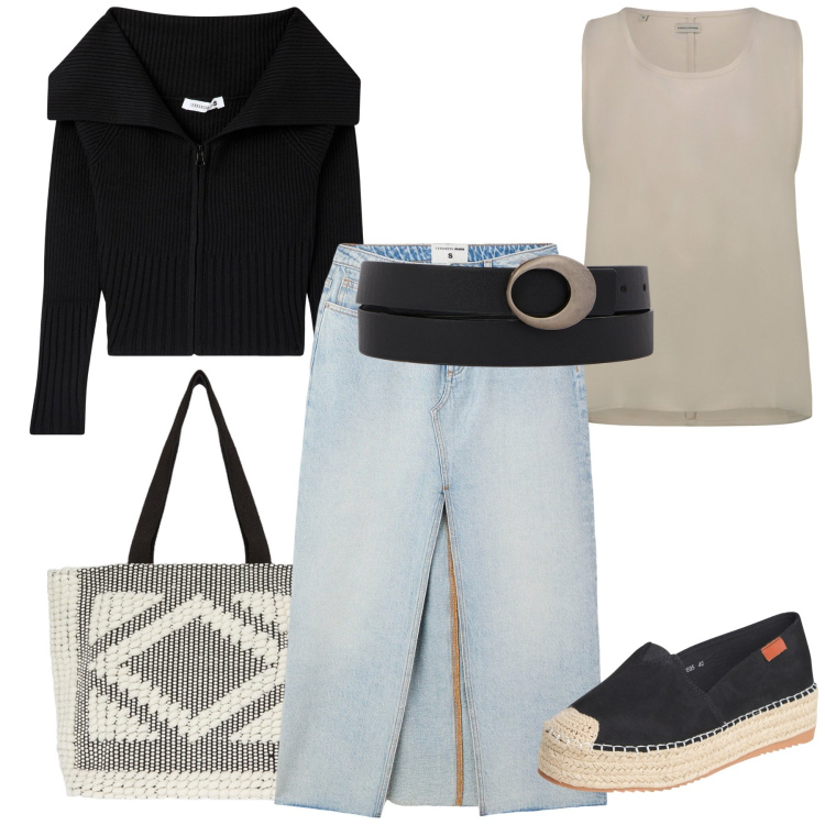 Outfit donna - Serate paesane. Stile Casual per Serata fuori. Abbinamento con gonne lunghe, espadrillas, cardigans, top, cinture, shopping bag.