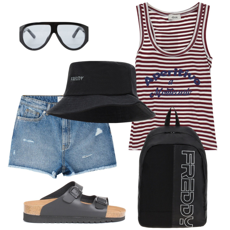 Outfit donna - In viaggio destinazione mare. Stile Sporty chic per Mare. Abbinamento con shorts, occhiali da sole, zaini, cappelli, top, ciabatte.