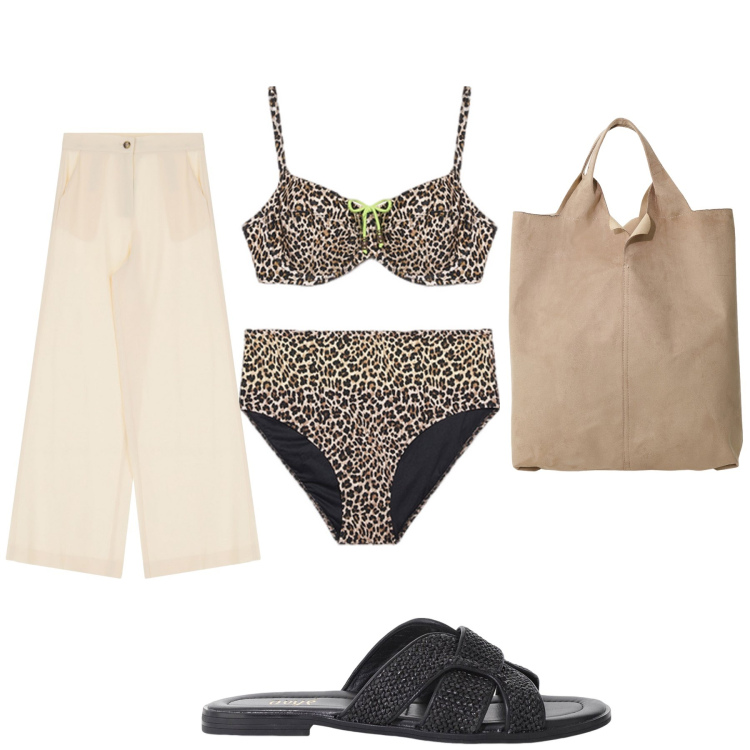 Outfit donna - Aperitivo. Stile Trendy per Tutti i giorni. Abbinamento con pantaloni, shopping bag, sandali, bikini.