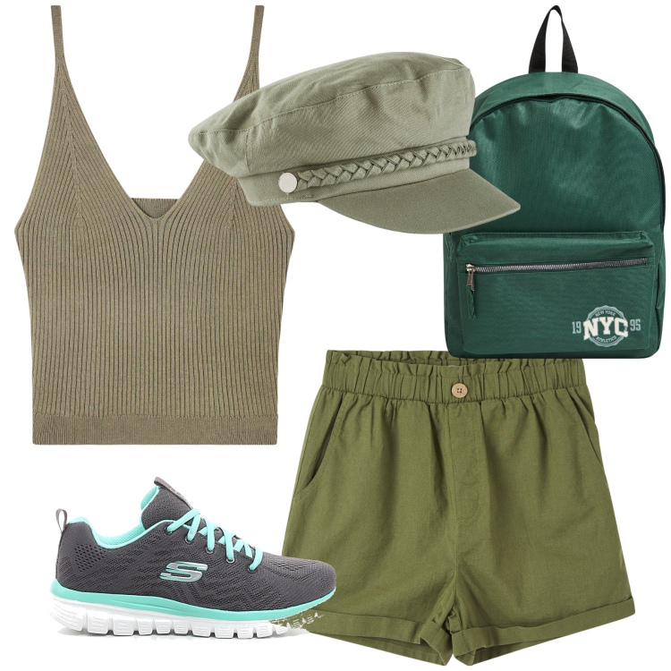Outfit donna - Campagna verde. Stile Casual chic per Tutti i giorni. Abbinamento con cappelli, pantaloni corti, top, zaini, sneakers.