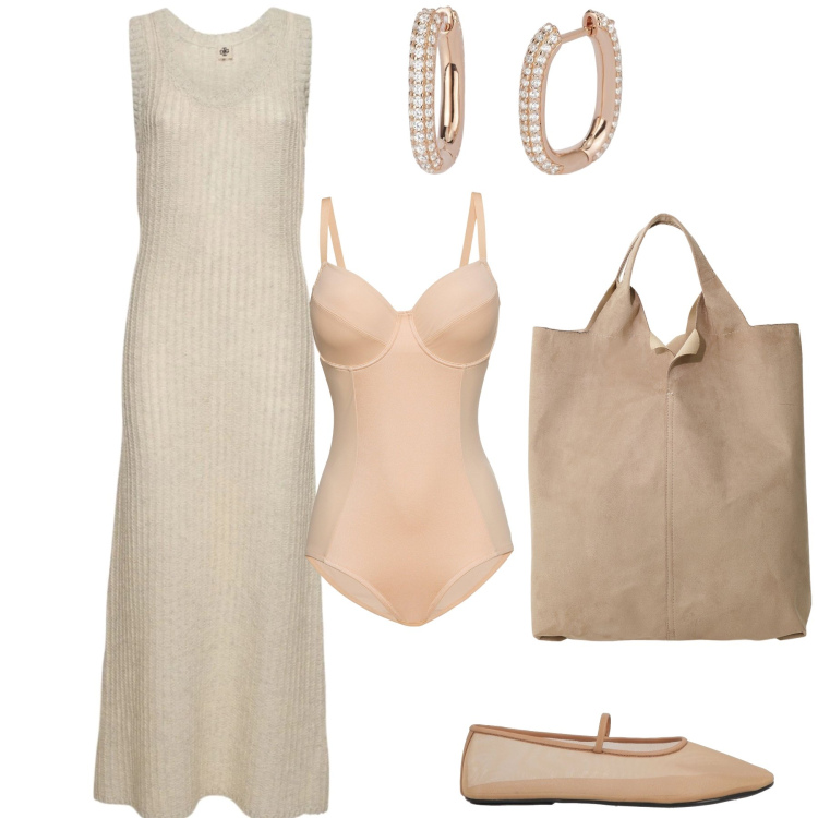 Outfit donna - Beige chic in office. Stile Bon Ton per Ufficio. Abbinamento con body, ballerine, orecchini, shopping bag, vestiti.