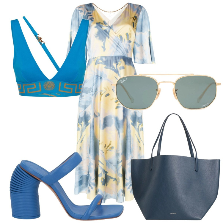 Outfit donna - Total look #2191528. Stile Trendy per Mare. Abbinamento con sandali in pelle, borse a mano, vestiti lunghi, occhiali da sole, bikini.