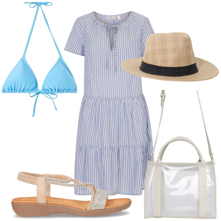 Outfit donna - Total look #2191530. Stile Trendy per Mare. Abbinamento con vestiti, borse tote, bikini, cappelli, sandali in pelle.