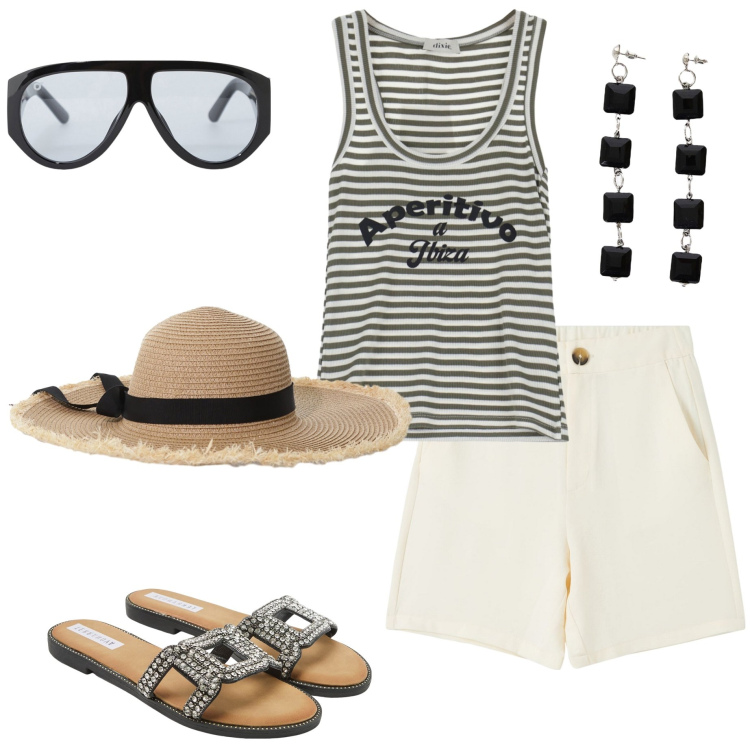 Outfit donna - Aperitivo a Ibiza. Stile Casual per Serata fuori. Abbinamento con bermuda, ciabatte, occhiali da sole, cappelli, canottiere, orecchini.