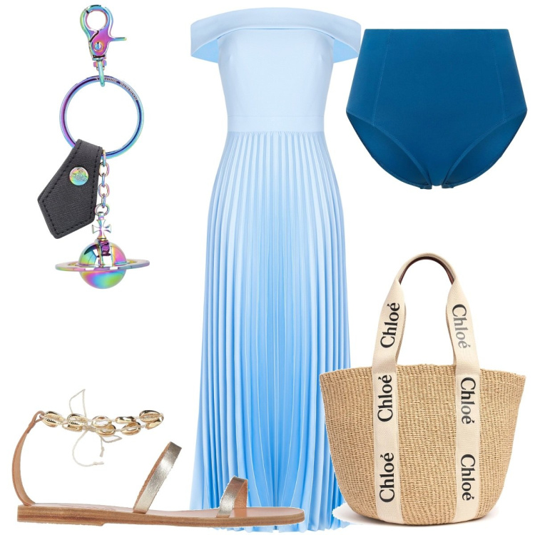 Outfit donna - Total look #2191535. Stile Romantica per Mare. Abbinamento con sandali in pelle, vestiti, bikini, shopping bag, portachiavi.