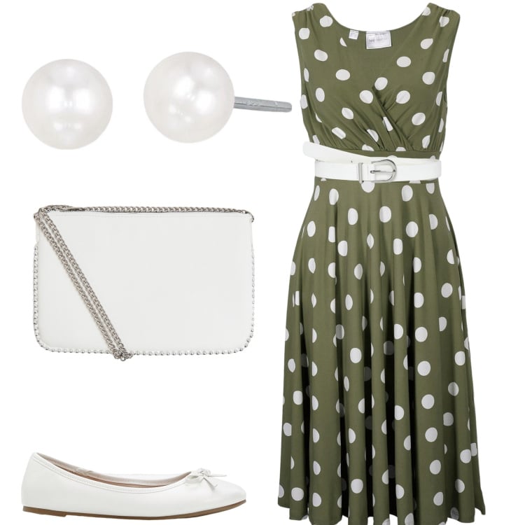 Outfit donna - Abito a pois. Stile Casual chic per Serata fuori. Abbinamento con vestiti, ballerine, cinture, borse a tracolla, orecchini.