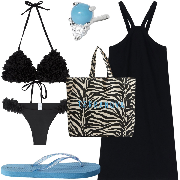 Outfit donna - Pronta per la spiaggia. Stile Casual per Mare. Abbinamento con borse tote, infradito, bikini, bikini, orecchini, vestiti corti.