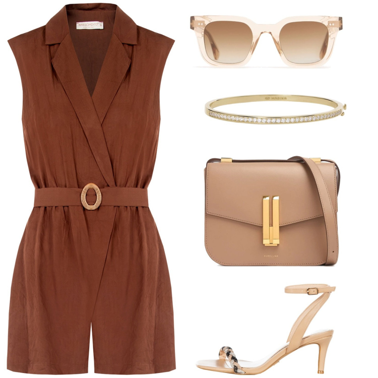 Outfit donna - Cioccolato e crema. Stile Casual chic per Serata fuori. Abbinamento con tuta corta, sandali in pelle, braccialetti, occhiali da sole, borse a spalla.