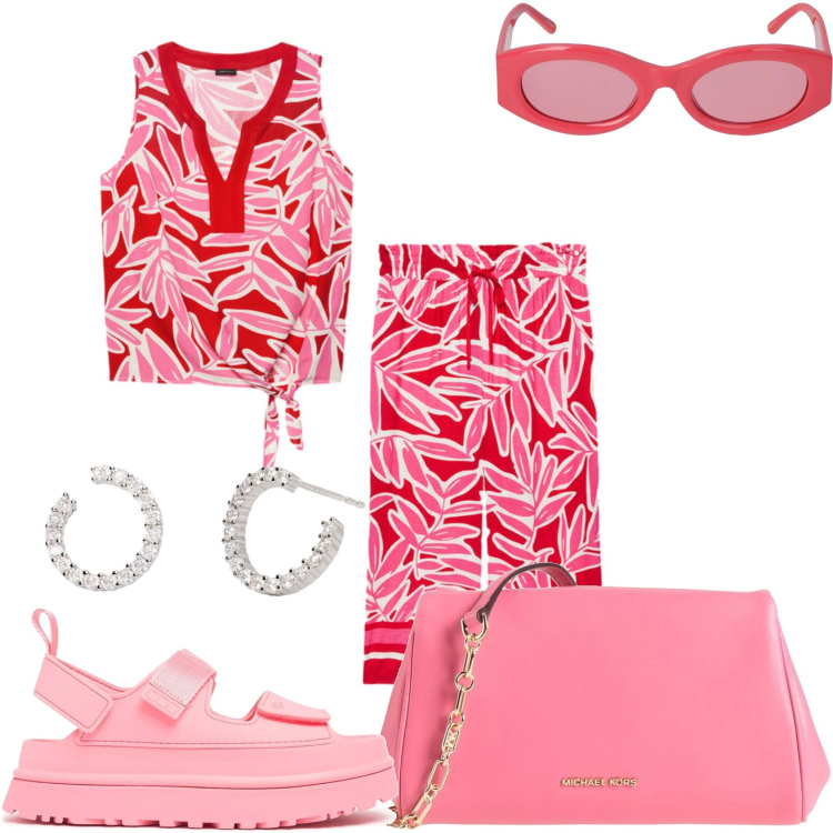 Outfit donna - Fantasia astratta estiva. Stile Glamour per Tutti i giorni. Abbinamento con borse a tracolla, orecchini, pantaloni a palazzo, top, sandali, occhiali da sole.