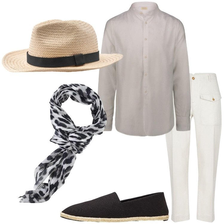 Outfit uomo - Vacanziero. Stile Trendy per Tutti i giorni. Abbinamento con espadrillas, sciarpe e foulard, pantaloni, camicie, cappelli.
