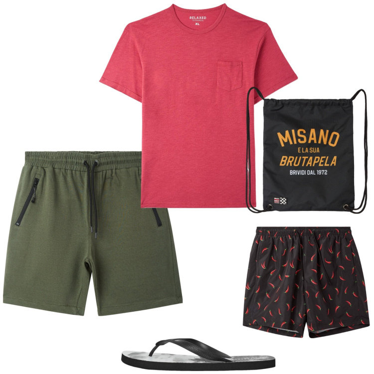 Outfit uomo - Mare. per Mare. Abbinamento con t-shirt, borse sportive, bermuda, sandali, costumi.