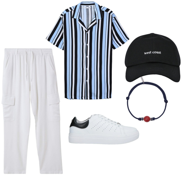 Outfit uomo - Mare. per Mare. Abbinamento con sneakers, cappelli con visiera, camicie a manica corta, pantaloni cargo, braccialetti.