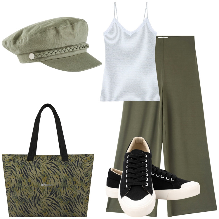 Outfit donna - Total look #2191619. Stile Military per Tutti i giorni. Abbinamento con cappelli, canottiere, pantaloni culotte, shopping bag, sneakers.