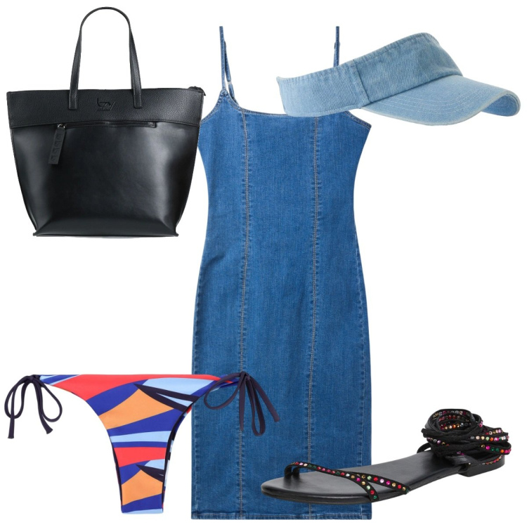 Outfit donna - Total look #2191629. Stile Trendy per Mare. Abbinamento con cappelli con visiera, borse a mano, sandali alla schiava, bikini, vestiti a tubino.