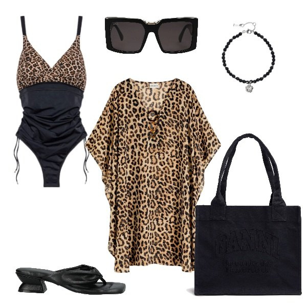 Outfit donna - in spiaggia aperitivo chic. Stile Chic per Mare. Abbinamento con vestiti da spiaggia, infradito, occhiali da sole, braccialetti, costumi interi, shopping bag.