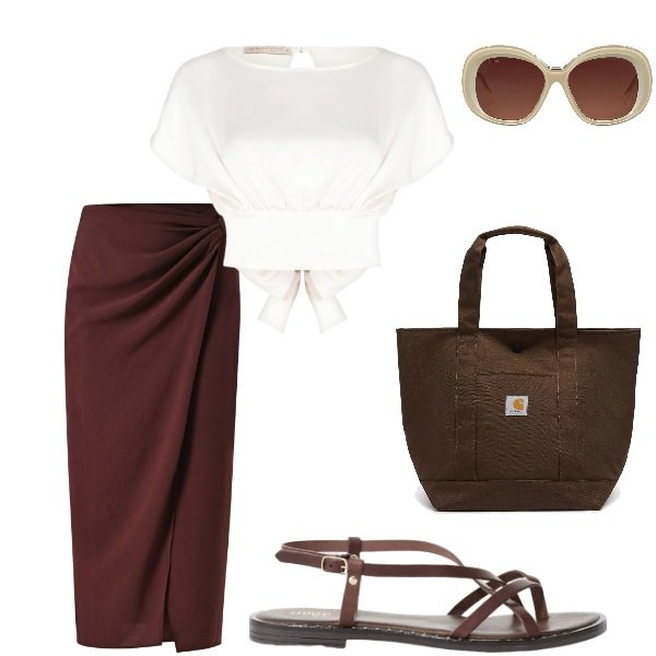 Outfit donna - A pranzo fuori...... Stile Casual chic per Tutti i giorni. Abbinamento con occhiali da sole, sandali, gonne longuette, bluse, borse tote.