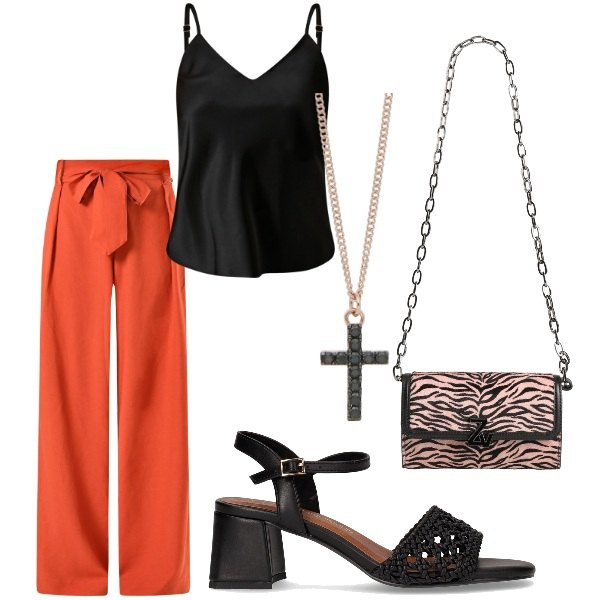 Outfit donna - Serata tra amici. Stile Casual chic per Serata fuori. Abbinamento con borse a spalla, top, pantaloni, collane, sandali col tacco.