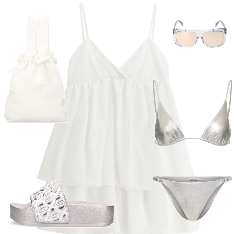 Outfit donna - White. Stile Casual chic Abbinamento con vestiti corti, ciabatte, occhiali da sole, borse a mano, bikini, bikini.