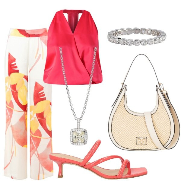 Outfit donna - Matrimonio in vista. Stile Glamour per Cerimonia. Abbinamento con sandali col tacco, collane, anelli, top, pantaloni, borse a mano.