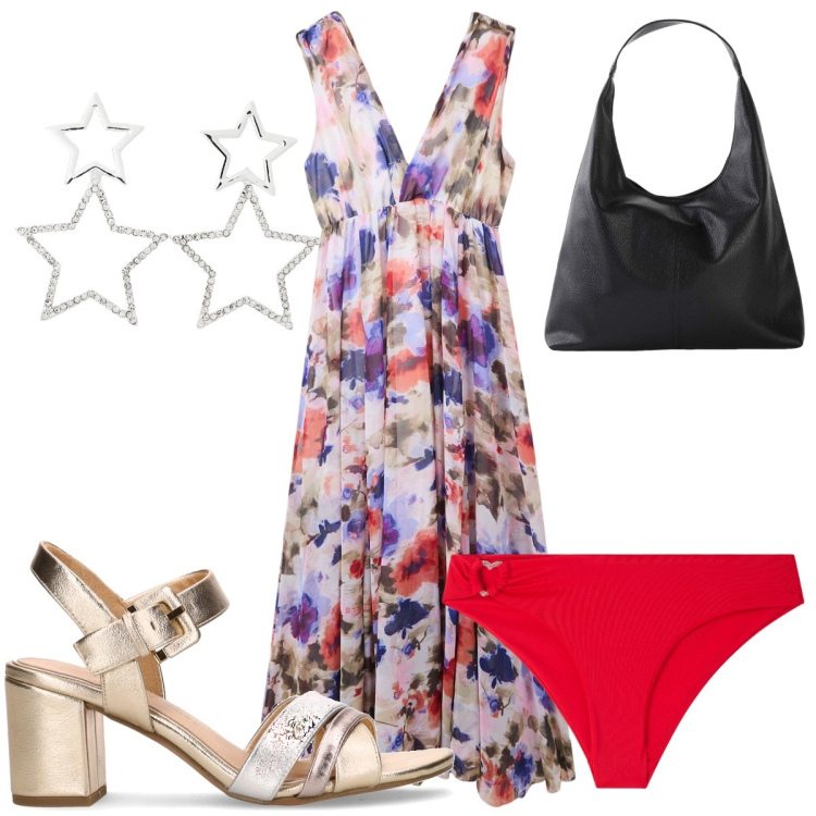 Outfit donna - Total look #2191649. Stile Trendy per Mare. Abbinamento con shopping bag, vestiti lunghi, orecchini, bikini, sandali col tacco.