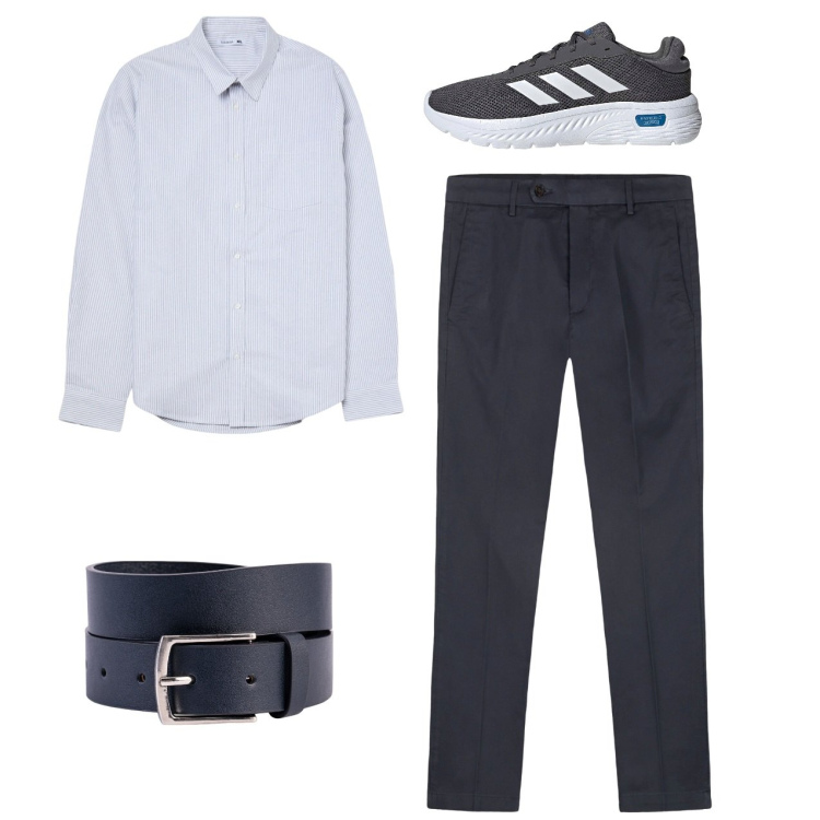 Outfit uomo - Casual city. Stile Casual per Tutti i giorni. Abbinamento con camicie, cinture, pantaloni chino, sneakers.