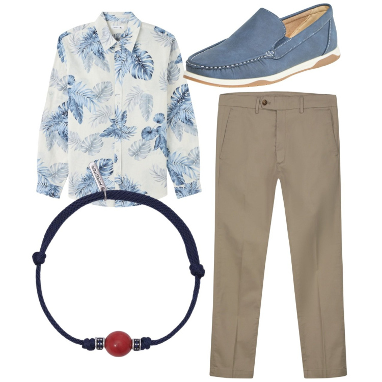 Outfit uomo - City. Stile Casual per Tutti i giorni. Abbinamento con scarpe stringate, camicie, braccialetti, pantaloni chino.