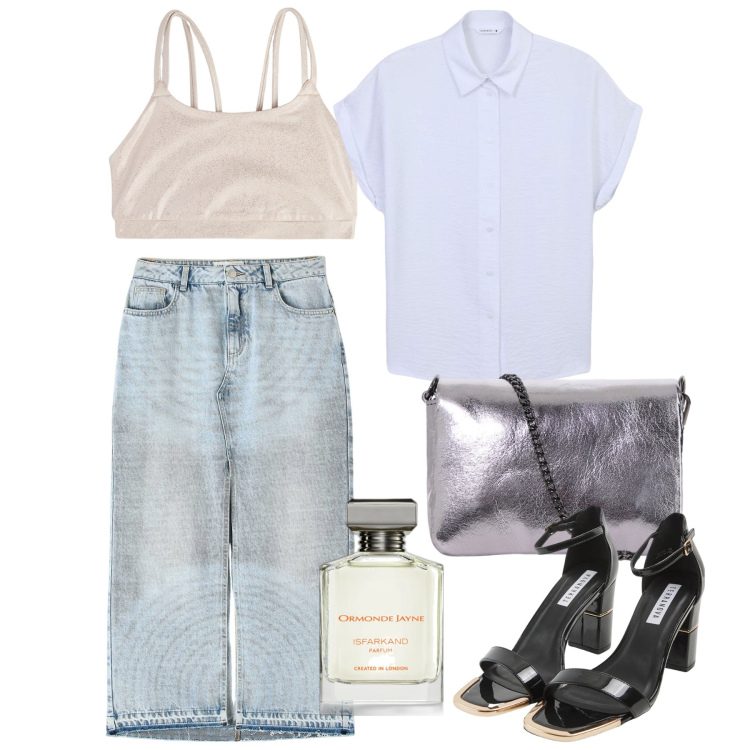 Outfit donna - Giugno. Stile Chic per Serata fuori. Abbinamento con profumi, sabot, camicie a manica corta, gonne lunghe, canottiere, pochette.