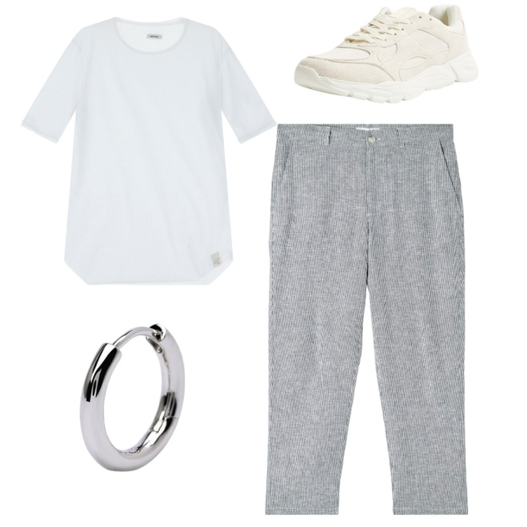 Outfit uomo - City. Stile Casual per Tutti i giorni. Abbinamento con sneakers, pantaloni, orecchini, t-shirt.