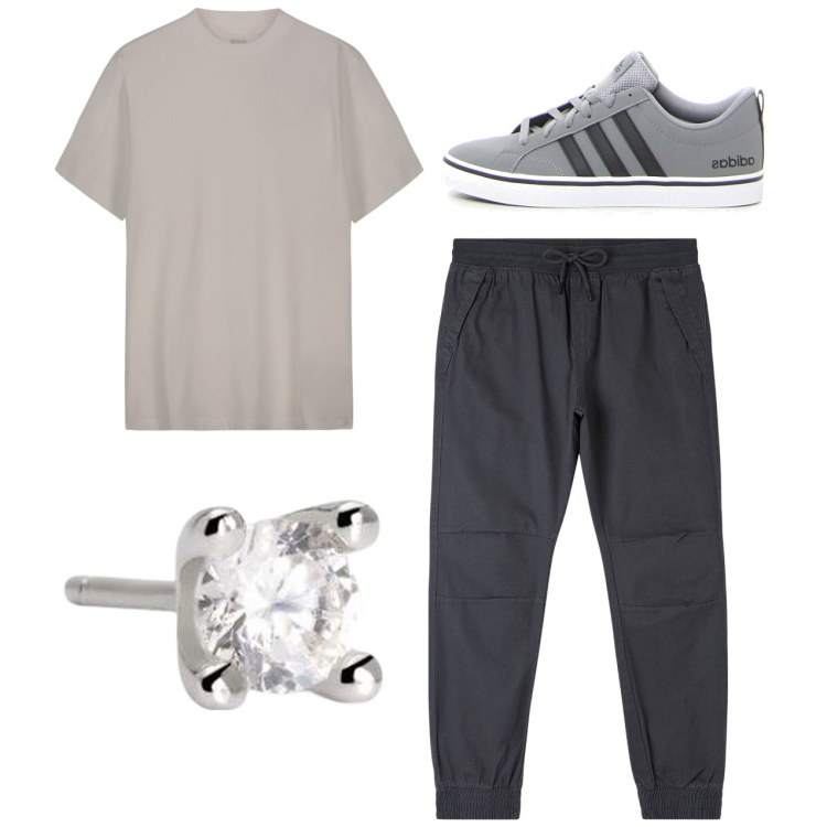 Outfit uomo - City. Stile Casual per Tutti i giorni. Abbinamento con pantaloni, orecchini, sneakers, t-shirt.